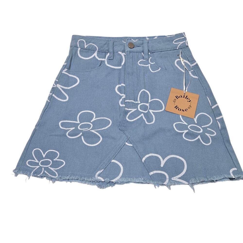 Bailey Rose Denim Mini Skirt XS Floral Pattern Baby Blue